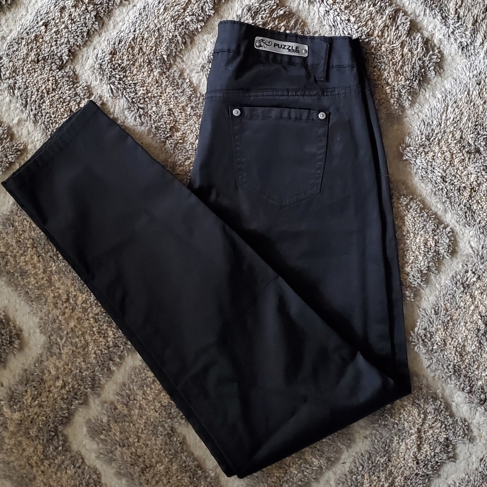 Black Skinny Puzzle Jeans with a Satin Finish